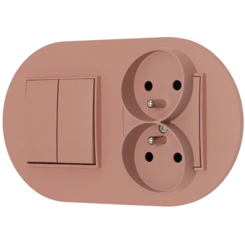 Włącznik podwójny z gniazdem podwójnym z ramką okrągłą seria MINI kolor łososiowy
