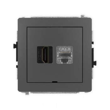 Mechanizm gniazda pojedynczego HDMI 2.1, 8K + gniazda komp. poj. 1xRJ45, kat. 8, ekranowany, 8-stykowy, bez pola opisowego Karlik seria DECO 28DGHKBO-88 kolor grafitowy mat