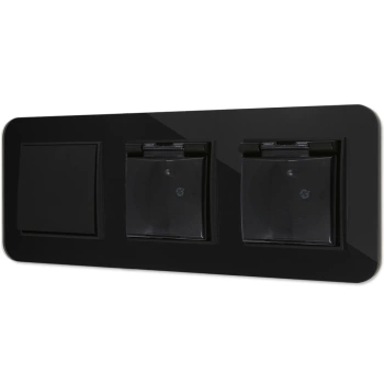 Włącznik pojedynczy i dwa gniazda hermetyczne z ramką zaokrągloną efekt szkła seria ICON kolor czarny