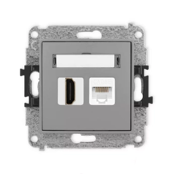 Mechanizm gniazda pojedynczego HDMI 2.0, 4K + gniazda komp. poj. 1xRJ45, kat. 5e, 8-stykowy Karlik seria MINI 27MGHK-45e kolor szary mat