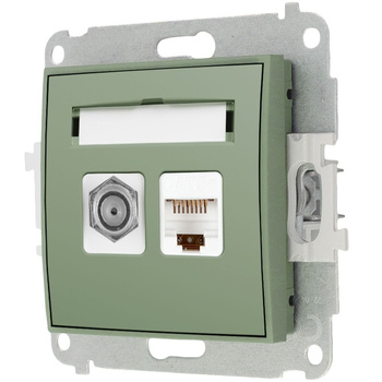 Mechanizm gniazda antenowego poj. typu F SAT + gniazda komp. poj. 1xRJ45, kat. 5e, 8-stykowy Karlik seria MINI 61MGFK-1 kolor szałwiowy