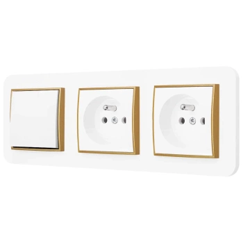Włącznik pojedynczy i dwa gniazda pojedyncze z ramką zaokrągloną seria MINI kolor biały złoty