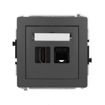 Mechanizm gniazda pojedynczego HDMI 2.0, 4K + gniazda komp. poj. 1xRJ45, kat. 5e, 8-stykowy Karlik seria DECO 28DGHK-45e kolor grafitowy mat