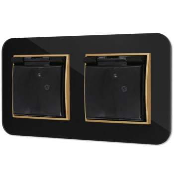 Dwa gniazda hermetyczne do łazienki z ramką zaokrągloną efekt szkła seria ICON kolor czarny/złoty
