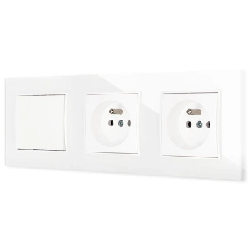 Włącznik pojedynczy i dwa gniazda pojedyncze z ramką kwadratową efekt szkła seria ICON kolor biały