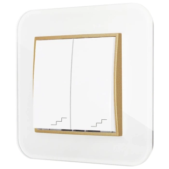 Włącznik schodowy podwójny z ramką zaokrągloną efekt szkła seria ICON kolor biały/złoty