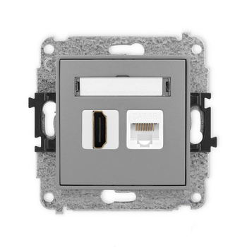 Mechanizm gniazda pojedynczego HDMI 2.0, 4K + gniazda komp. poj. 1xRJ45, kat. 5e, 8-stykowy Karlik seria ICON 27IGHK-45e kolor szary mat