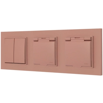 Włącznik podwójny i dwa gniazda hermetyczne z ramką kwadratową seria MINI kolor łososiowy