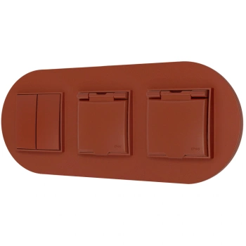 Włącznik podwójny i dwa gniazda hermetyczne z ramką okrągłą seria MINI kolor terakota