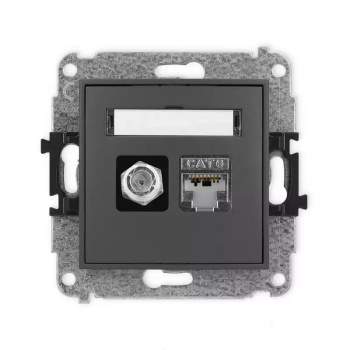 Mechanizm gniazda antenowego poj. typu F SAT + gniazda komp. poj. 1xRJ45, kat. 6 ekranowany, 8-stykowy Karlik seria MINI 28MGFK-5 kolor grafitowy mat