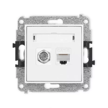 Mechanizm gniazda antenowego poj. typu F SAT + gniazda komp. poj. 1xRJ45, kat. 6, 8-stykowy Karlik seria MINI MGFK-3 kolor biały