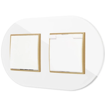 Włącznik pojedynczy z gniazdem hermetycznym z ramką okrągłą efekt szkła seria ICON kolor biały/złoty