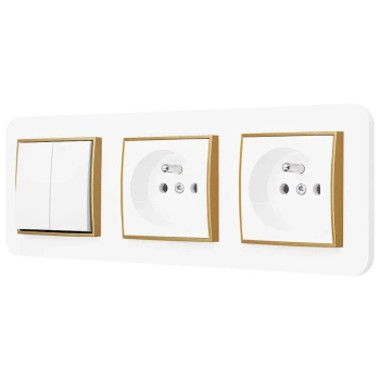 Włącznik podwójny i dwa gniazda pojedyncze z ramką zaokrągloną seria MINI kolor biały złoty