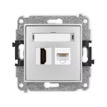 Mechanizm gniazda pojedynczego HDMI 2.0, 4K + gniazda komp. poj. 1xRJ45, kat. 5e, 8-stykowy Karlik seria ICON 7IGHK-45e kolor srebrny metalik