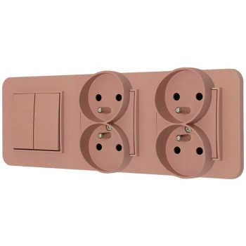 Włącznik podwójny i dwa gniazda podwójne z ramką zaokrągloną seria MINI kolor łososiowy