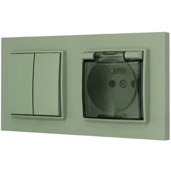Włącznik podwójny z gniazdem hermetycznym z ramką prostą seria MINI kolor szałwiowy