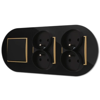 Włącznik pojedynczy i dwa gniazda podwójne z ramką okrągłą efekt szkła seria ICON kolor czarny/złoty