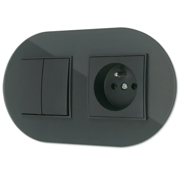 Włącznik podwójny z gniazdem pojedynczym z ramką okrągłą efekt szkła seria ICON kolor grafitowy mat