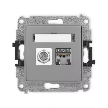 Mechanizm gniazda antenowego poj. typu F SAT + gniazda komp. poj. 1xRJ45, kat. 6 ekranowany, 8-stykowy Karlik seria MINI 27MGFK-5 kolor szary mat