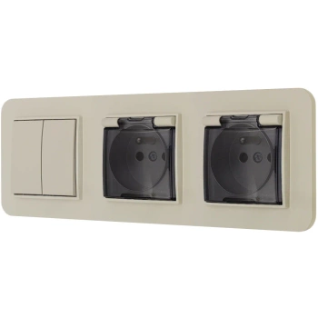 Włącznik podwójny i dwa gniazda hermetyczne z ramką zaokrągloną seria MINI kolor taupe