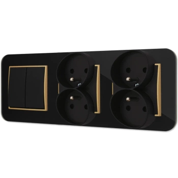 Włącznik podwójny i dwa gniazda podwójne z ramką zaokrągloną efekt szkła seria ICON kolor czarny/złoty