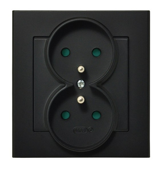 Gniazdo podwójne z uziemieniem z przesłonami torów prądowych, kompletne z ramką seria SONATA kolor Czarny metalik symbol GP-2RZP/33