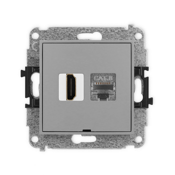 Mechanizm gniazda pojedynczego HDMI 2.1, 8K + gniazda komp. poj. 1xRJ45, kat. 8, ekranowany, 8-stykowy, bez pola opisowego Karlik seria ICON 27IGHKBO-88 kolor szary mat