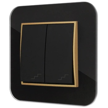 Włącznik schodowy podwójny z ramką zaokrągloną efekt szkła seria ICON kolor czarny/złoty