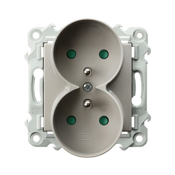 Gniazdo podwójne z uziemieniem z przesłonami torów prądowych, moduł bez ramki seria SZAFIR kolor Kaszmirowy beż symbol GP-2ZRZP/m/83