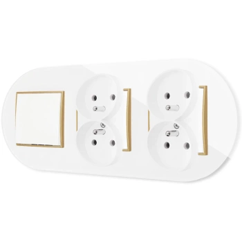 Włącznik pojedynczy i dwa gniazda podwójne z ramką okrągłą efekt szkła seria ICON kolor biały/złoty