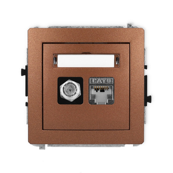 Mechanizm gniazda antenowego poj. typu F SAT + gniazda komp. poj. 1xRJ45, kat. 6 ekranowany, 8-stykowy Karlik seria DECO 9DGFK-5 kolor brązowy metalik