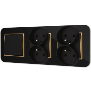 Włącznik pojedynczy i dwa gniazda podwójne z ramką zaokrągloną efekt szkła seria ICON kolor czarny/złoty