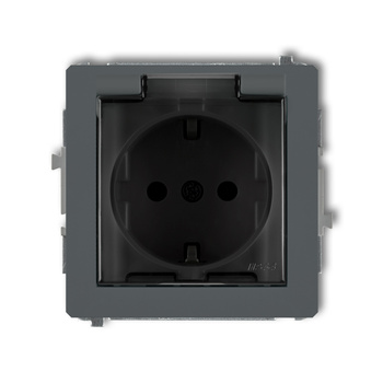 Mechanizm gniazda bryzgoszczelnego z uziemieniem SCHUKO 2P+Z klapka dymna, przesłony torów prądowych Karlik seria DECO 28DGPB-1sdp kolor grafitowy mat