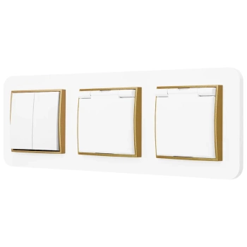 Włącznik podwójny i dwa gniazda hermetyczne z ramką zaokrągloną seria MINI kolor biały złoty