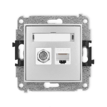 Mechanizm gniazda antenowego poj. typu F SAT + gniazda komp. poj. 1xRJ45, kat. 6, 8-stykowy Karlik seria ICON 7IGFK-3 kolor srebrny metalik
