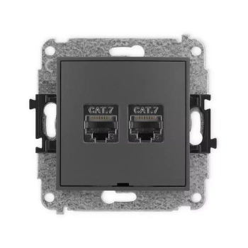 Mechanizm gniazda komputerowego podwójnego 2xRJ45, kat. 7, ekranowany, 8-stykowy, bez pola opisowego Karlik seria MINI 28MGKBO-10 kolor grafitowy mat