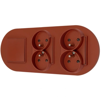 Włącznik pojedynczy i dwa gniazda podwójne z ramką okrągłą seria MINI kolor terakota