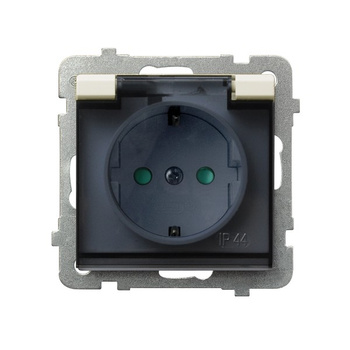 Gniazdo bryzgoszczelne z uziemieniem schuko IP-44 z przesłonami torów prądowych wieczko przezroczyste seria SONATA kolor Ecru symbol GPH-1RSP/m/27/d