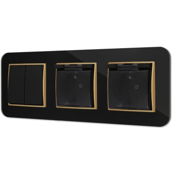 Włącznik podwójny i dwa gniazda hermetyczne z ramką zaokrągloną efekt szkła seria ICON kolor czarny/złoty