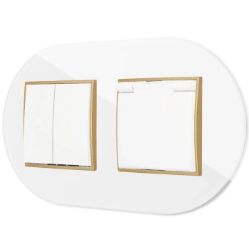 Włącznik podwójny z gniazdem hermetycznym z ramką okrągłą efekt szkła seria ICON kolor biały/złoty