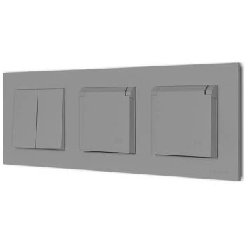 Włącznik podwójny i dwa gniazda hermetyczne z ramką seria Bella kolor popiel mat