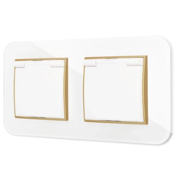 Dwa gniazda hermetyczne do łazienki z ramką zaokrągloną efekt szkła seria ICON kolor biały/złoty