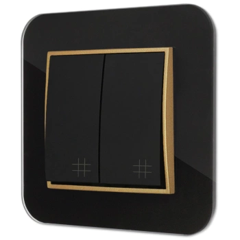 Włącznik krzyżowy podwójny z ramką zaokrągloną efekt szkła seria ICON kolor czarny/złoty