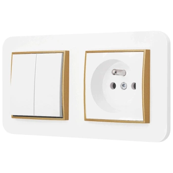 Włącznik podwójny z gniazdem pojedynczym z ramką zaokrągloną seria MINI kolor biały mat/złoty