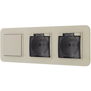 Włącznik pojedynczy i dwa gniazda hermetyczne z ramką zaokrągloną seria MINI kolor taupe