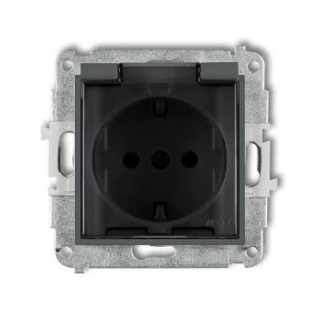 Mechanizm gniazda bryzgoszczelnego z uziemieniem SCHUKO 2P+Z klapka dymna, przesłony torów prądowych Karlik seria MINI 28MGPB-1sdp kolor grafitowy mat