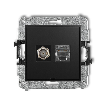 Mechanizm gniazda antenowego poj. typu F SAT + gniazda komp. poj. 1xRJ45, kat. 6 ekranowany, 8-stykowy, bez pola opisowego Karlik seria ICON 12IGFKBO-5 kolor czarny mat