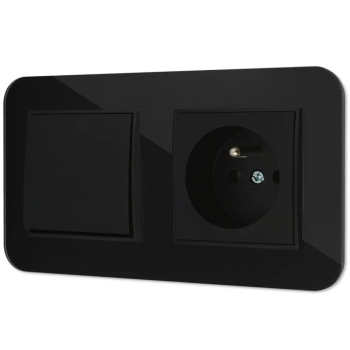 Włącznik pojedynczy z gniazdem pojedynczym z ramką zaokrągloną efekt szkła seria ICON kolor czarny