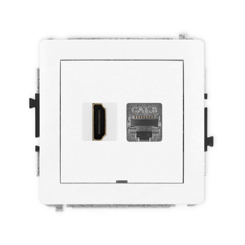 Mechanizm gniazda pojedynczego HDMI 2.1, 8K + gniazda komp. poj. 1xRJ45, kat. 8, ekranowany, 8-stykowy, bez pola opisowego Karlik seria DECO 25DGHKBO-88 kolor biały mat