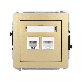 Mechanizm gniazda telefonicznego pojedynczego 1xRJ11 + komputerowego pojedynczego 1xRJ45, kat. 5e, 8-stykowy, beznarzędziowe Karlik seria DECO 29DGTK kolor złoty
